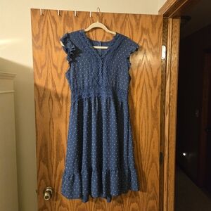 Blue Polka Dot Dress with Lace Details